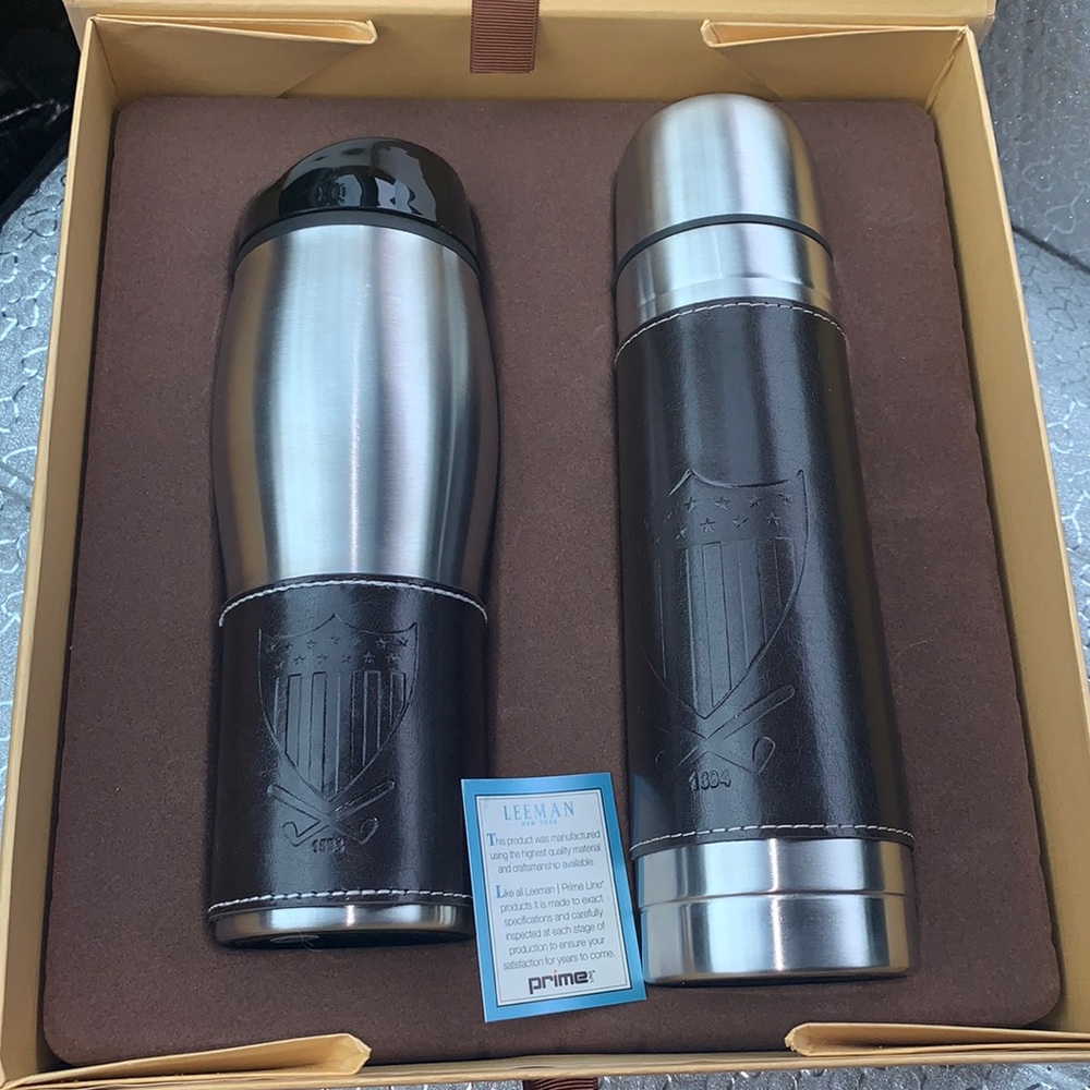 Leeman New York Leather-Wrapped Thermos/Tumbler Set